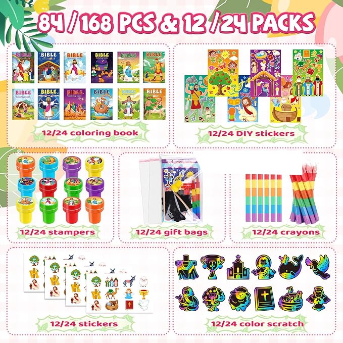 BenLouis Bible Party Favors Christian Inspirational Verses Coloring Set Gift Prizes Bulk for Kids Operation Christmas Child Sunday School Religious Activities Goodie Bag Stuffers（24set Christian）