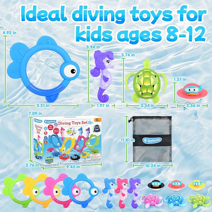 WeeHomm Pool Diving Toys for Kids, 14 PCS Swimming Pool Diving Rings, Summer Dive Sticks with Float Toys for Kids 4-8 8-12, Sea Animals Sinking Games for Teens, with Seahorse/Fish/Turtles/Ducks