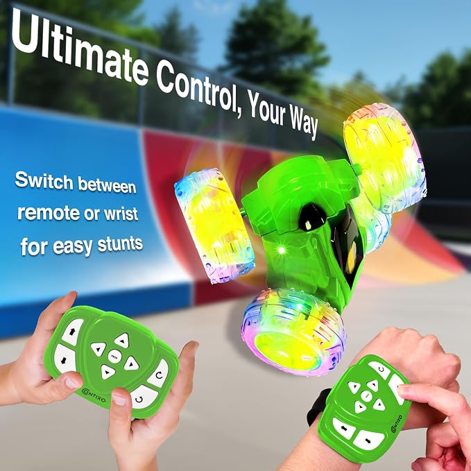 Contixo SC3 RC Stunt Car for Kids, Green, 2.4GHz 4WD Remote Control Car with 360° Rotating Flips, Double-Sided Driving, LED Lights, Rechargeable Toy Car for Girls & Boys Ages 4-12