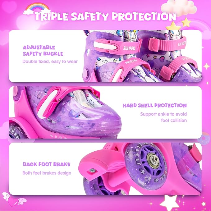 SULIFEEL Adjustable Roller Skates for Girls Boys Kids,Fun Illuminating Light Up Flash Wheels Three-Point Type Balance Suitable for Beginners Indoor Roller Skating