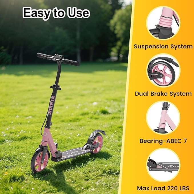 SIMATE Kick Scooter for Kids Teens & Adults, 4 Adjustable Heights, 8IN All Terrain Big Wheels, Dual Brakes & Dual Suspension, Foldable and Lightweight, Gifts for Girls Boys