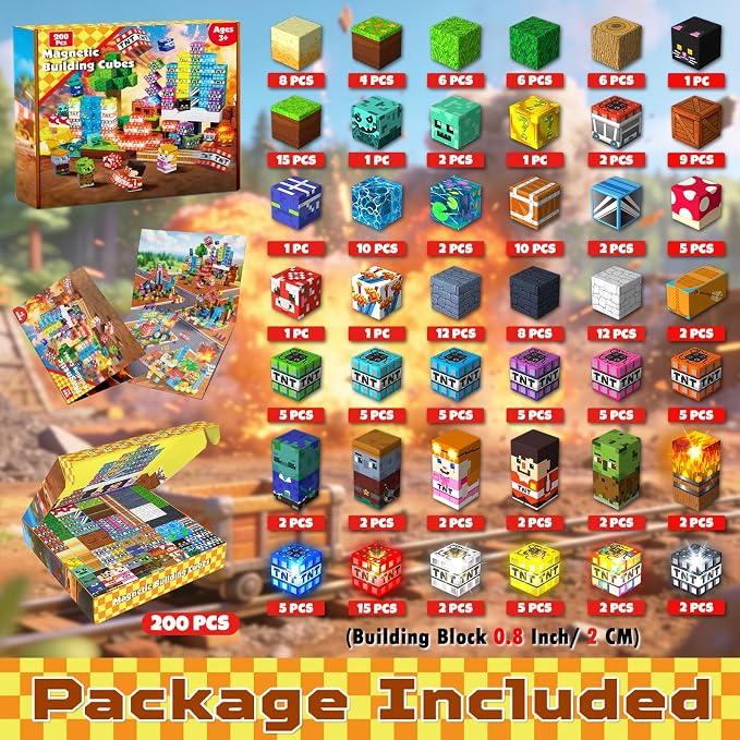 200PCS Magnetic Blocks with Light up Blocks - TNT Magnetic Blocks, Magnetic Building Blocks Cubes for Kids Ages 4 5 6 7 8 +, Magnet Toys, Birthday Gift for Boys & Girls Ages 3-8