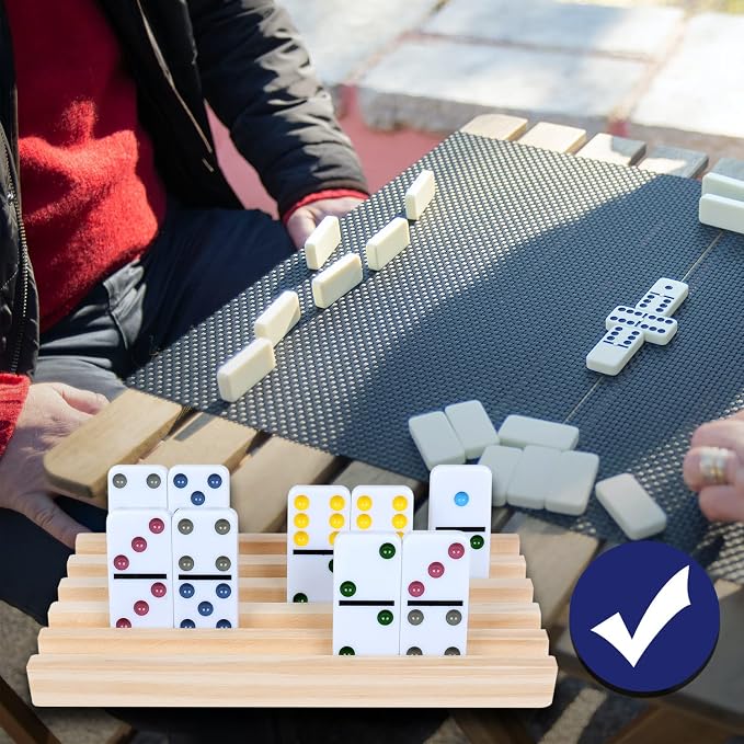 GOTHINK Wooden Domino Racks Set of 8 Trays with Felt Bottom for Mexican Train Dominoes Games, Non-Slip Domino Tiles Holders, Mexican Train Accessories for Adults & Kids - Dominoes NOT Included