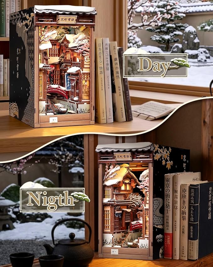 CUTEBEE Book Nook Kit - Japanese Style DIY Miniature Winter House, LED Light Bookshelf Decor Alley Dollhouse for Adults Teens, Gifts for Family (Kyoto Snow Whisper)