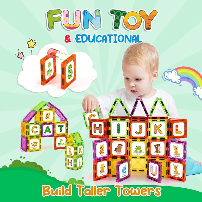 Magnetic Tiles Letters Learning Toys, Animals Alphabet ABC Magnets for Kids 1-3 2-4 3-5 4-8, Toddlers Classroom Must Haves 48PCS Stacking Toys, Homeschool Essentials for Preschool Spelling Game