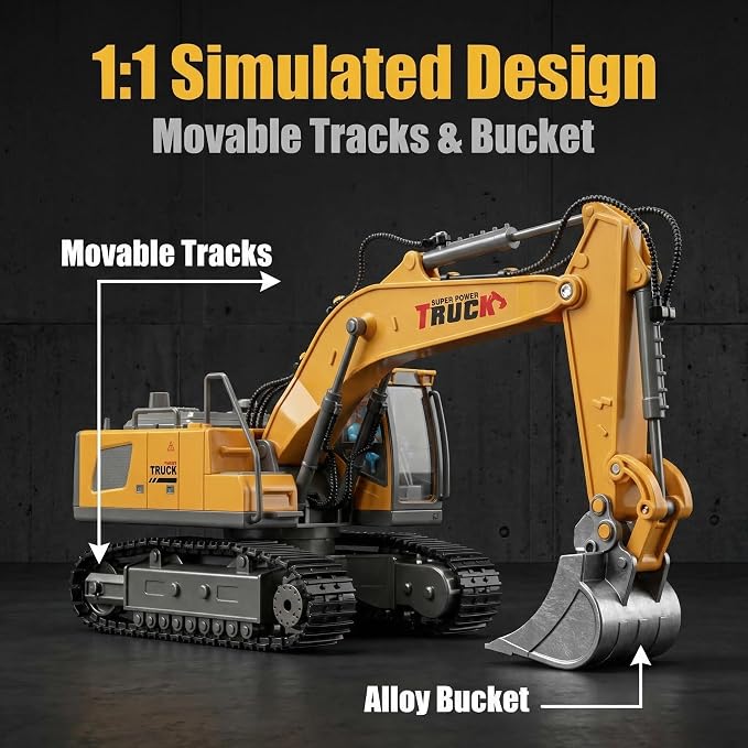 Remote Control Excavator,RC Excavator Toy 11CH Construction Digger,Construction Toys Rc Excavator for Adults,Metal Dig Bucket, Lights Sounds,3 4 5 Year oldGift for Birthday