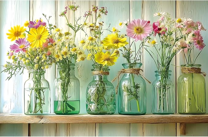 Floral Vintage Glass Jars Jigsaw Puzzle 500 Pieces for Adults Wildflower Bouquet Flowers Puzzle with Letters on Back Fun Challenge Puzzle for Game Night for Seniors & Family（23x15 Inch）