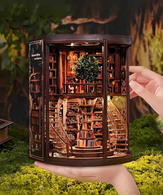 Book Nook Kits for Adults Fantasy 3D Puzzle Library Booknook Kit with Dust Cover Wisdom Book Repository Round Bookshelf Decor Wooden DIY Spiral Staircase Miniature Dollhouse Book House