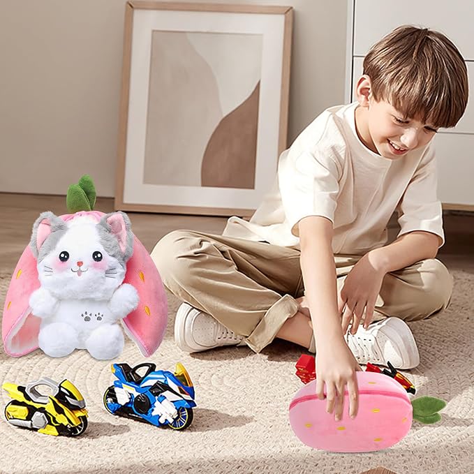 MIAODAM Easter Cat Toys, Stuffed Cat Plush, Kawaii Squishy Cute Strawberry Turn Into Cat Plush, Funny Plushies Toy for Kid & Adult (Strawberry Cat, 11.8inch)