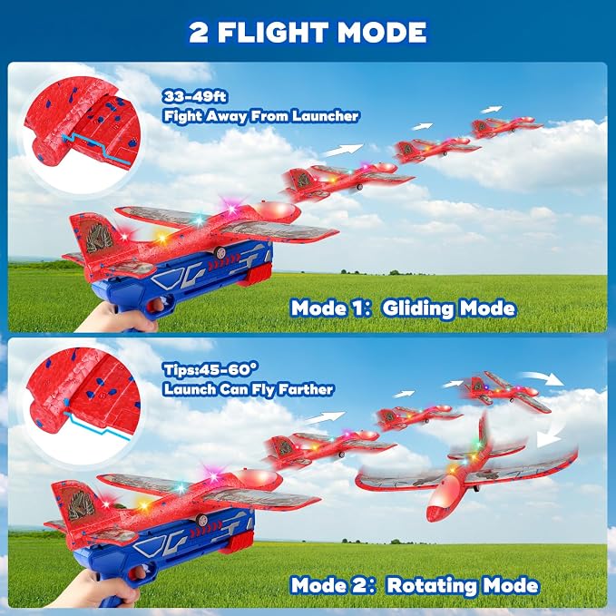 3 Pack Airplane Launcher Toy for Kids, 12.6" LED Foam Glider Plane, 2 Flight Mode Catapult Plane Boy Toys with Stickers, Outdoor Flying Toys Birthday Gifts for 4 5 6 7 8 9 10 12 Year Old Boys Girls