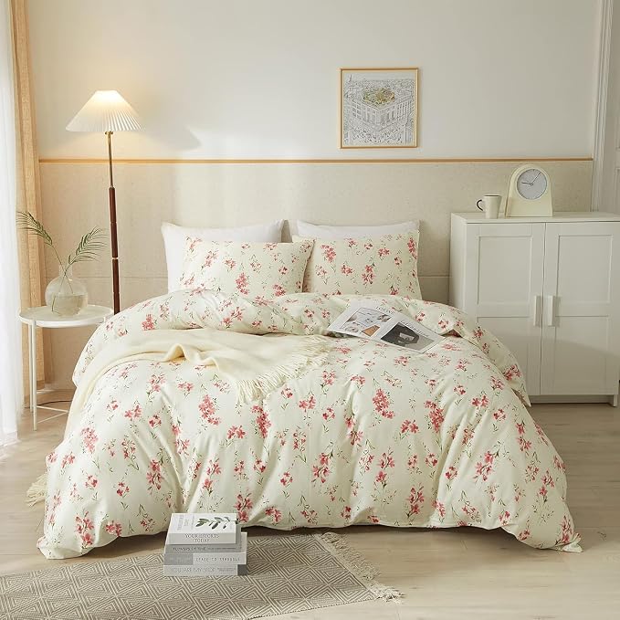 Vintage Garden Style Pink Floral Comforter Set Full Chic Boho Floral Bedding Comforter Fluffy Soft Aesthetic Flowers Botanical Comforter with 2 Pillowcases Girls Women Cottagecore Comforter Set