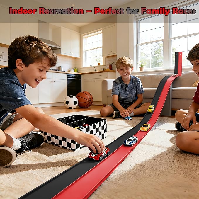 Flexible Race Track 15 Ft Starter Set, Flex Tracks for Kids 3+ with Strong Suction Cups, Flexible Car Race Ramp Track Compatible with Hot Wheels and Diecast 1/64 Cars, Portable Rolls Up Race Tracks