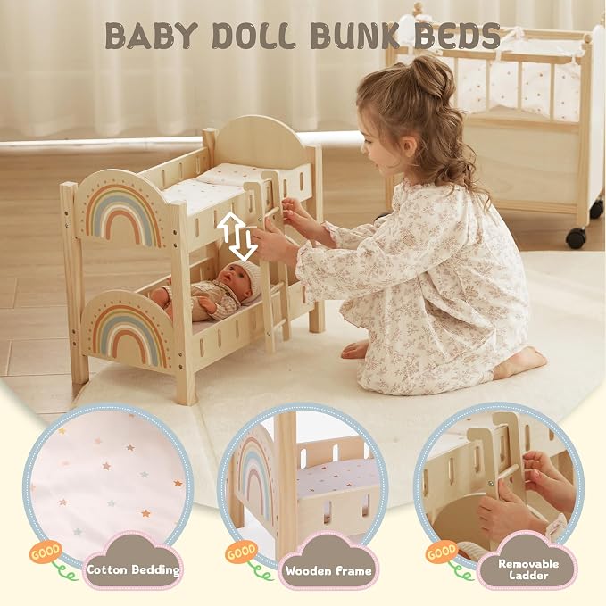 Freniland Wooden Doll Bunk Bed with Ladder & Bedding – Two-Level Doll Bed Includes 2 Mattresses & 2 Pillows, Pretend Play Furniture for 18 Inch Dolls