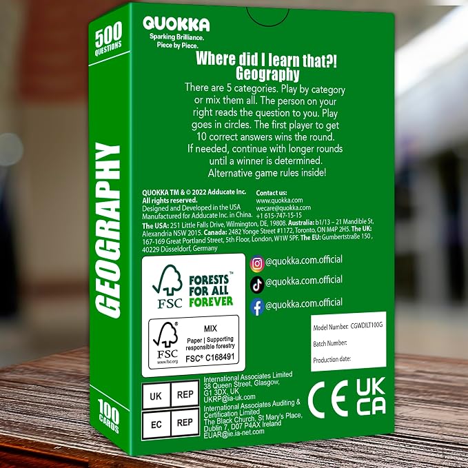 QUOKKA Trivia Card Games for Adults with 500 Questions – Geography Board Games for Adults, Teens and Families – Trivia Cards with Answers – Fun Party Game for Family Game Night