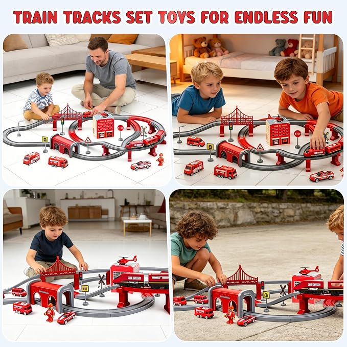 Wdmiya Train Set for Toddlers, 92 Pcs Train Toys for Kids Ages 2-8, Electric Trains Sets with Tracks (Magnetic Connection), Battery Operated Trains Birthday Gift for 2 3 4 5 6 7 (Fire 92 Pcs)