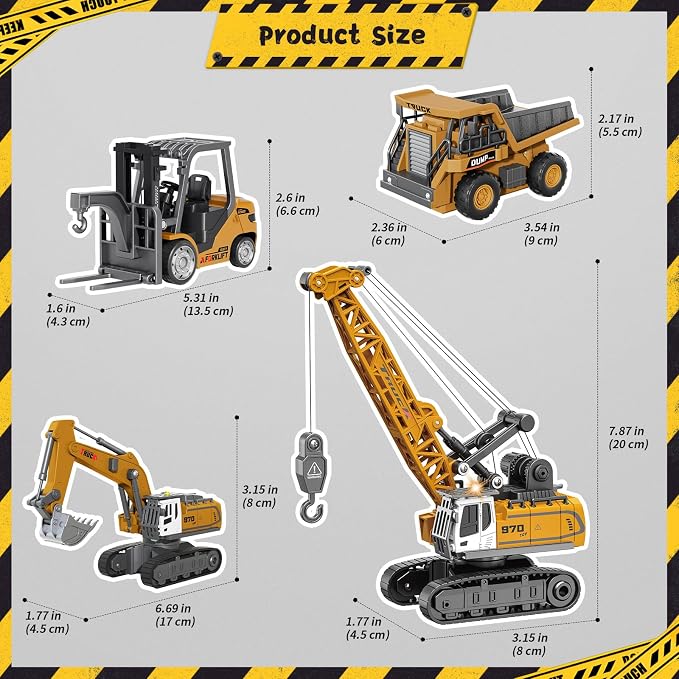 4 PCS RC Construction Vehicles Set with Mini Excavator dump truck Forklift and crane USB Charge Real Lights & Sounds and Movable Parts & Traffic Sign Simulate True Scale Birthday Gifts for Kids Adults