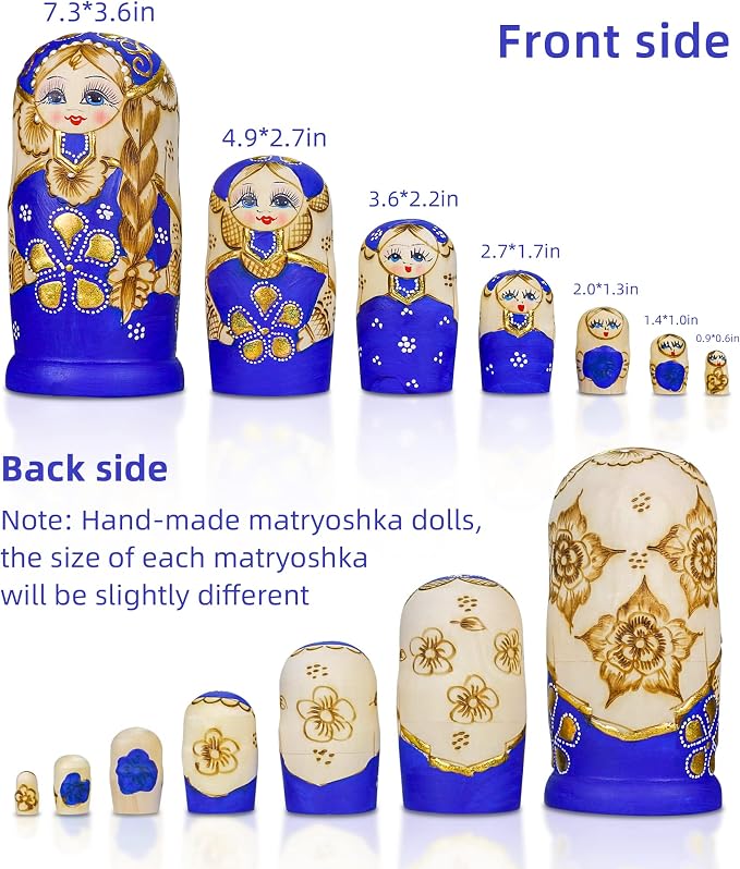 Starxing Russian Nesting Dolls Matryoshka Wood Stacking Nested Set 7 Pieces Handmade Toys for Children Kids Christmas Halloween Easter Mother's Day Birthday Home Room Decoration Gift (Blue)