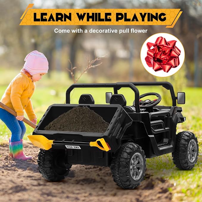 24V 4WD Ride on Car Dump Truck w/4X200W Motor, 2 Seaters, Gift Flower, 2.4G Remote Control, Bluetooth Music, LED Light, 24 Volt Ride on Toy Cars for Big Kids, Black
