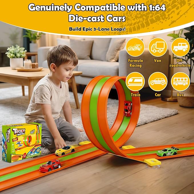 16ft Flex Track, Flexible Race Track for Kids 3-5 Year Old with 4 Pull-Back Cars, Portable Roll Up Racing Car Tracks for Toddlers, Birthday Gifts for Boys Girls (3 Lane - Green & Orange)