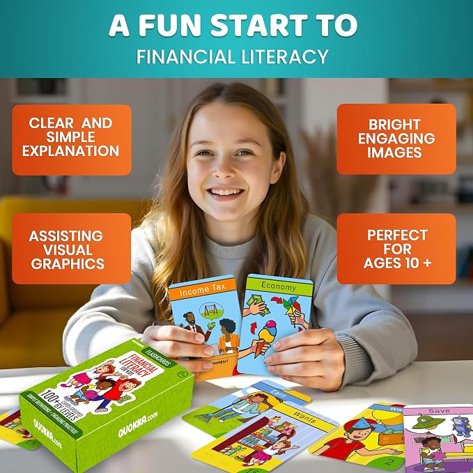 QUOKKA Financial Literacy Flash Cards for Teens – 110 Cards Teaching Kids About Money Management, Budgeting, Savings – Easy Money Games for Kids Ages 12+ – Fun Financial Literacy Games and Learning