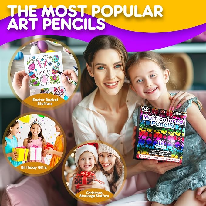 nsxsu Art Supplies for Kids Teens Adults, 16 Rainbow Pencils Drawing Supplies, Jumbo Multi Colored Pencils for Sketching Drawing, Tween Girls Trendy Stuff Birthday Party Favor Crafts for Boys 6-12