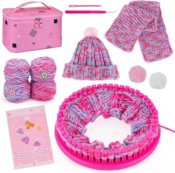 PREBOX Knitting Loom Craft Kit for Kids & Beginners - Create Hat & Scraf with Yarn, Hook Needle, Birthday Gifts Ideas for Teens Girls Age 6-8 8-12 14+, Rose Loom