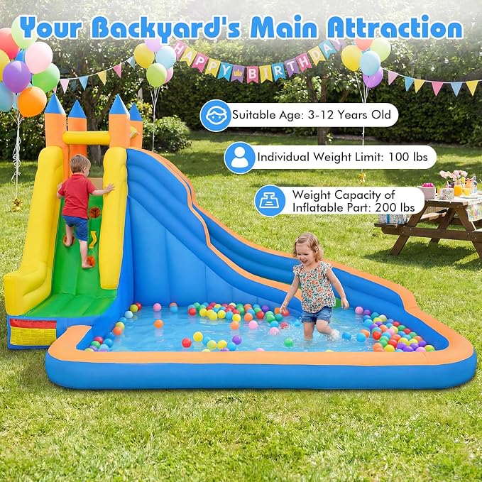 Costzon Inflatable Water Slide, Giant Bouncy Waterslide Park for Kids Backyard Outdoor Fun w/ 680w Blower, Climbing Wall, Splash Pool, 2-pcs, Blow up Water Slides Inflatables for Kids Party Gift