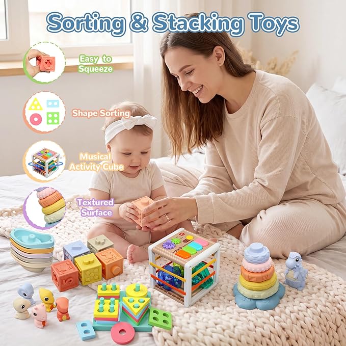 Baby Montessori Toys 6-12 Months, 5 in 1 Sensory Learning Set with Stacking Blocks, Shape Sorter, Bath Toys, Activity Cube, Dinosaur Stacker Educational Toddler Gifts for Boys Girls
