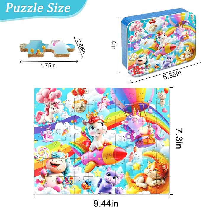 MZZOTOY Rainbow Horse Unicorn Puzzles for Kids Ages 4-8, 60 Pieces Jigsaw Puzzles for Kids Ages 3-5 Puzzle for Girls and Boys Learning Educational Puzzles Toys in a Metal Box