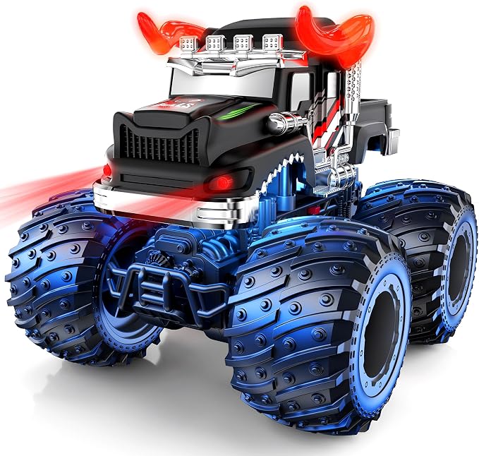 BAODLON Remote Control Monster Car, 2.4GHz RC Bull Monster Truck Toys for 3 4 5 6 7 8 Years Old Boys Kid, All Terrain RC Truck Off Road with Spray, Light, Rechargeable Battery, Christmas Birthday Gift
