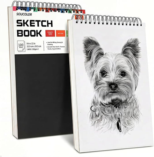 Professional Drawing Supplies for Sketch, Charcoal, Colored, Graphite, Pastel Pencils & Sticks. Soucolor 2-Pack 9" x 12" Sketch Book, 200 Sheets Spiral Bound 68lb/100gsm Paper for Kids Adults Artists