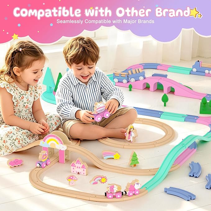 Wooden Train Set, Magnetic Pink Unicorn Toys Train Track for Toddler 3-6 | Princess Toddler Toys for 3 4 5 6 Year Old Girl Birthday Gifts