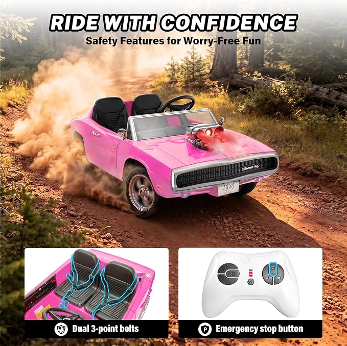 Licensed 1970 Dodge Charger 24V Ride on Toys for Big Kids, 2 Seater Ride on Car with Parent Remote Control, Dual 120W Motors, Bluetooth Music, LED Lights, Hood Supercharger with Mist, 5 MPH