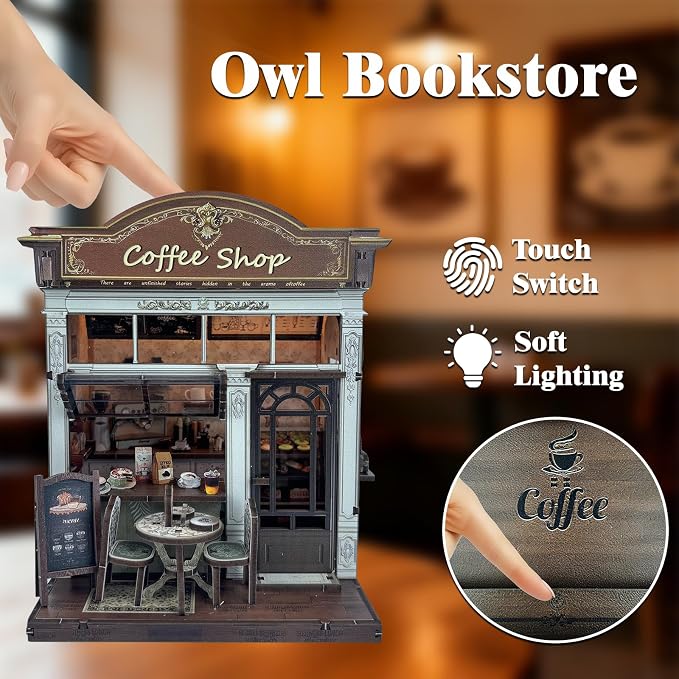 3D Wooden Coffee Shop Book Nook Kit - DIY Miniature Model with LED Lights, 143 Precision-Cut Pieces for Adults & Teens (1:24 Scale, Stress Relief Craft Gift)