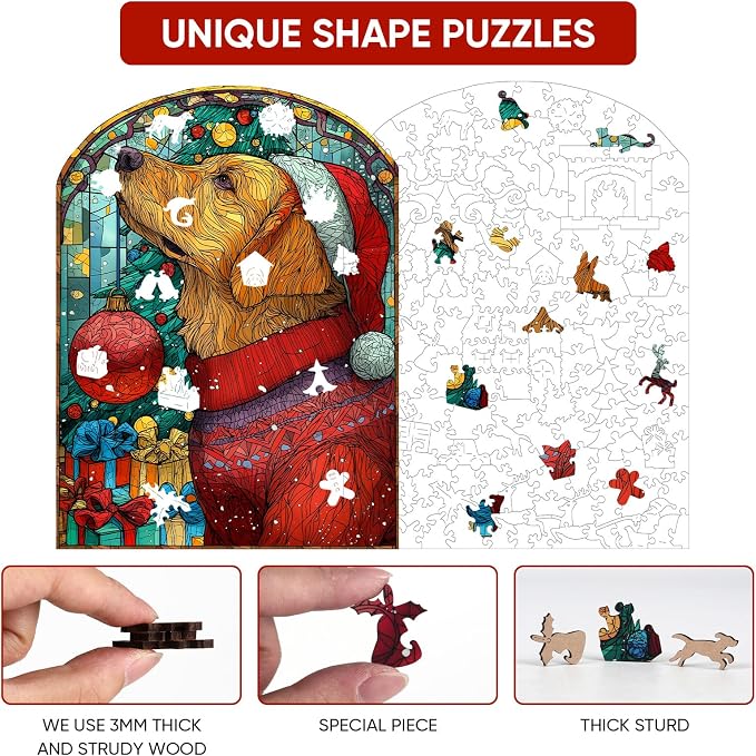 MEATRN Christmas Jigsaw Puzzles for Adults - Dog with Santa Hat 202 Pcs Unique Shaped Holiday Wood Puzzle with Wooden Storage Box, Festive Family Game Night for Art Lovers 8.9x12 Inch