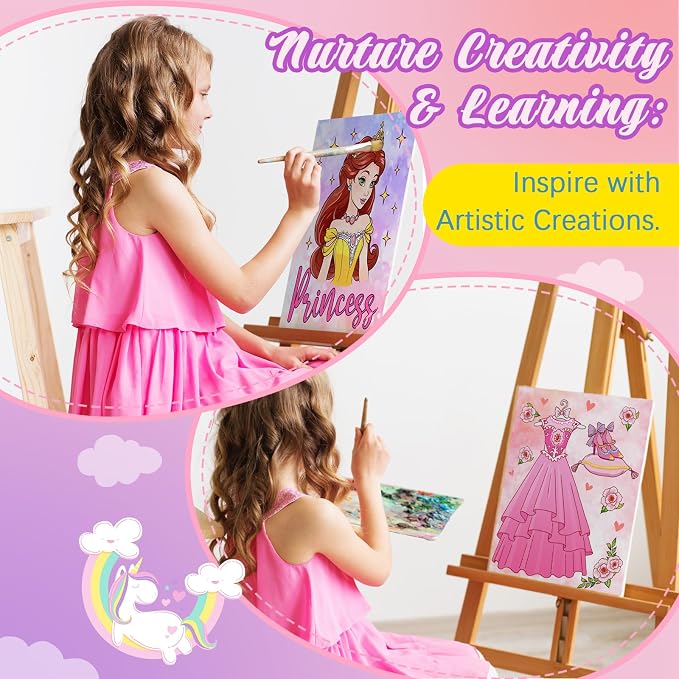 Ireer 12 Set Paint Party Set 8 x 10 Sip and Paint Kit Include 12 Printed Pre Drawn Canvas Panel, Wooden Easels, Palettes, Pots, Apron 36 Brushes for Adult Art DIY Party(Princess)