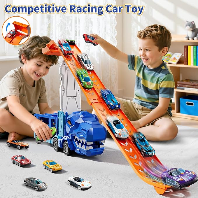 Race Track Truck Toys for 3 4 5 6 7 8 Years Old Boys, Carrier Vehicle Playset with 12 Die-Cast Racing Car Toys, 2-Tier Storage, Car Ramps, Birthday Gifts for Toddlers Kids Girls Age 3-5 4-8