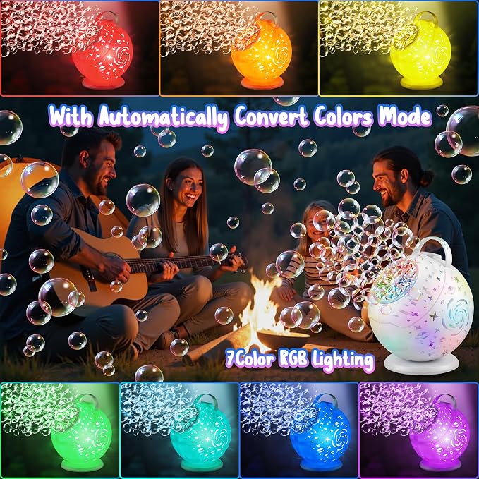 Bubble Machine with Remote Control, 360° Automatic Rotation & 7 RGB Lights Rechargeable Bubbles Machine for Kids Boys Girls, Portable Bubble Machine for Parties Wedding Birthday Outdoor