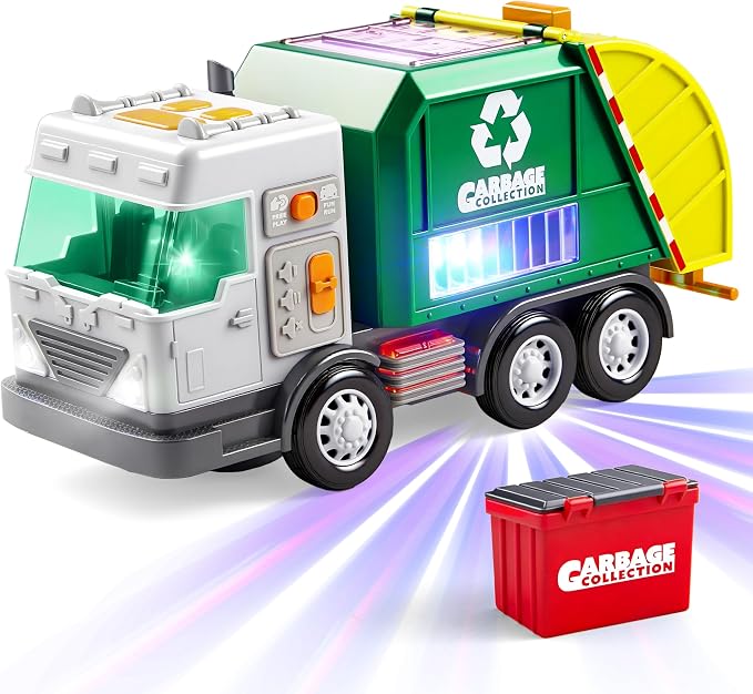 Vroomix LED Garbage Truck Toy Set Includes Dumpster, Toy Truck with Mode Switch & Volume Control, Trash Vehicle with Lights and Sounds, Automatic Bump, Birthday Gift for Boys Girls