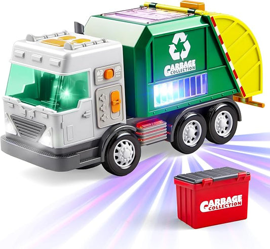 Vroomix LED Garbage Truck Toy Set Includes Dumpster, Toy Truck with Mode Switch & Volume Control, Trash Vehicle with Lights and Sounds, Automatic Bump, Birthday Gift for Boys Girls