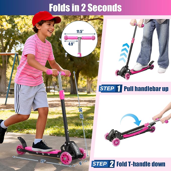 3 Wheel Scooter for Kids Ages 3-12, LED Light-Up Kids Kick Scooter–Portable Foldable, Adjustable Height, Durable Metal Construction, 6" Extra Wide Deck for Outdoor Activities,Child Safety Certified