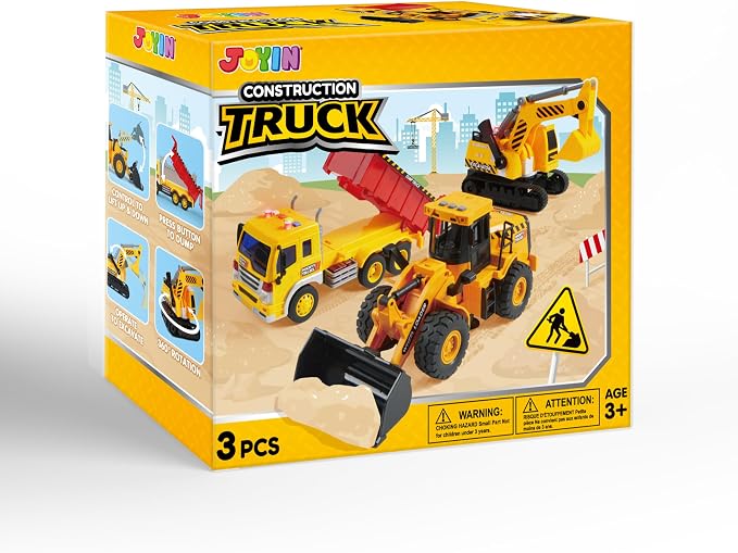 JOYIN 3 Pack Construction Toy - Excavator, Dump Truck and Loader, Moveable Claw & Lifting Back, Construction Truck Toy, Birthday Gift for Toddler Boys Kids