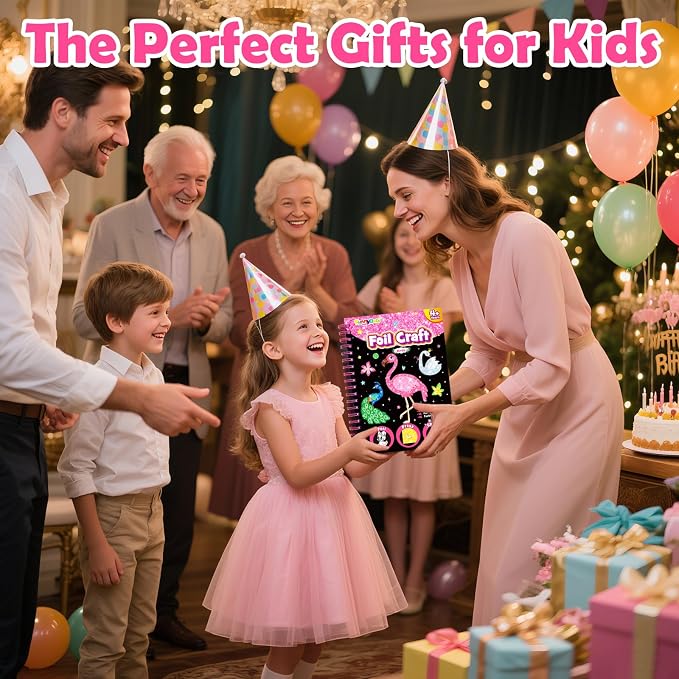 FUNNYB&G Foil Art Craft Kit for Girls 4-10 Years Old: Mess-Free & No-Glue, Create 16 Sparkly Birds Pictures – Perfect Travel Toy & Birthday Gift for Kids (Birds)