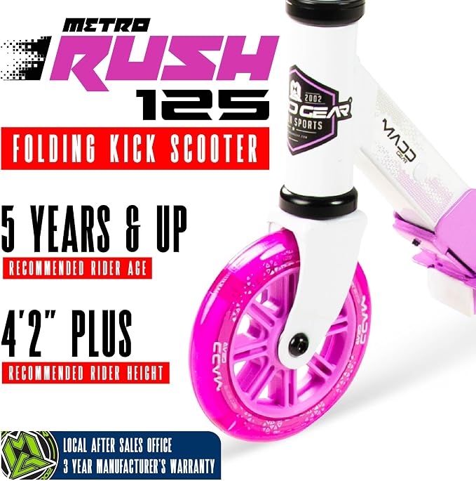 Kick Scooter for Ages 5+ - Kids, Teens & Adults. Max Load 220lbs. Foldable, Light-Up Wheels, Adjustable Height, Lightweight - Rush 125 Madd Gear