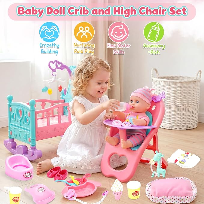 deAO 12” Baby Doll Play Set with Crib, Mobile, High Chair Feeding Accessories, Interactive Dolls for Girls Kids Pretend Play Baby Dolls 21 PCS