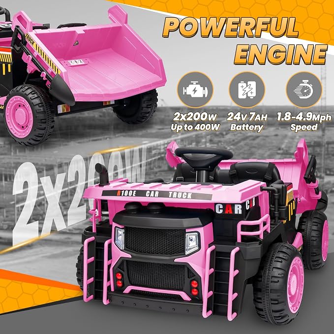 JOYRACER 24V 2 Seater Ride on Dump Truck w/400W Motors, Kids Ride On Car w/20'' Seat, Parent Remote, Electric Construction Vehicle w/Dump Bed & Shovel, 5Mph Max, Power Car Wheelers for Kids, Pink