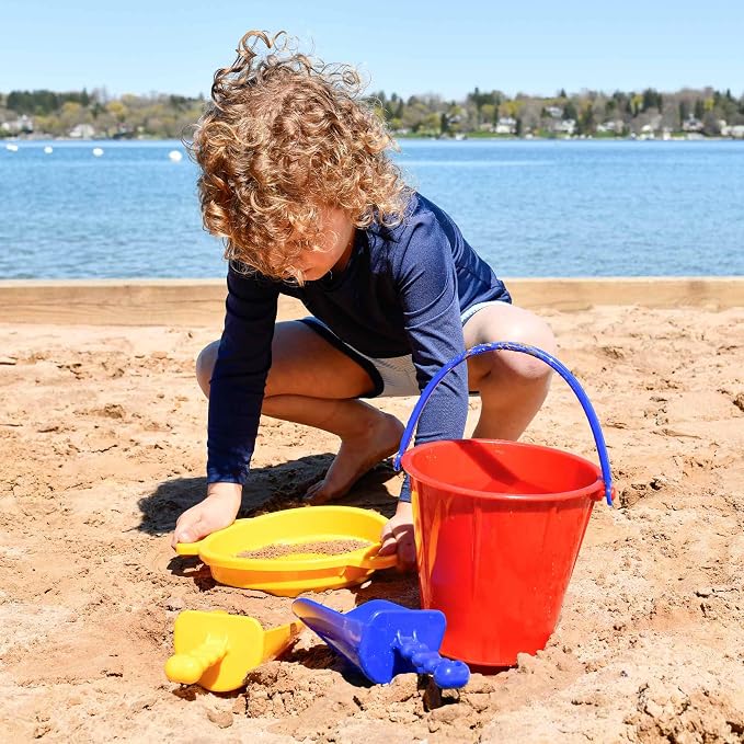Spielstabil Large Sand Toys Bundle for Kids - Heavy Duty Sandbox Toys with Large Pail, Sieve, and 2 Scoops, Kids Summer Toys for Beach, Colors Vary, Ages 2.5 and Up