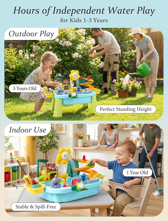 Water Table for Toddlers 1-3 with Pump: Summer Sensory Play Sink, Kitchen Fishing Playset with Running Water, Indoor Outdoor Montessori Water Toy Gift for Kids, BPA-Free, Non-Toxic