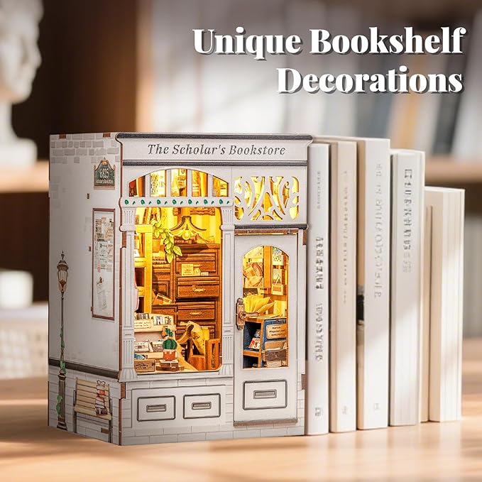 Fsolis Book Nook Kit - DIY Miniature House Kit with Cat | Booknook Bookshop 3D Wooden Puzzles for Adults Tiny Building Kit Gifts for Women Book Lovers (The Scholar's Bookstore)