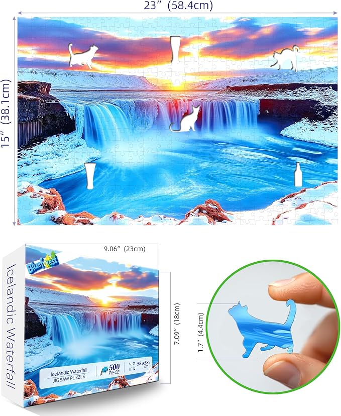 Winter Icelandic Waterfalls Landscape 500 Piece Puzzles for Adults,Nature Puzzles for Adults 500 Pieces with HD Print & Poster, 15" X 23" Dust Free, for Gifts Halloween Christmas Family Games
